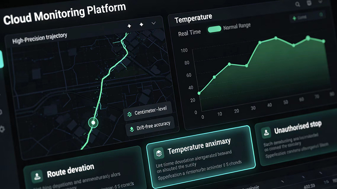 Real-time cold chain monitoring platform showing RTK trajectory and temperature graph with instant alerts